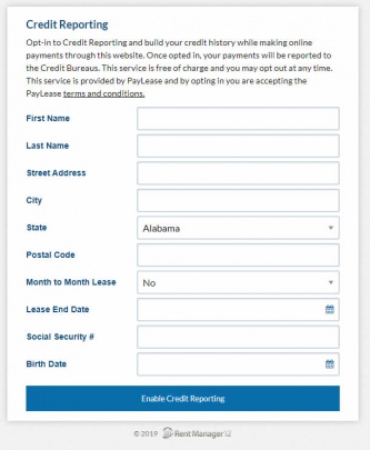 credit reporting form for Rent Manager